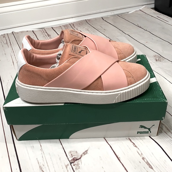 Puma Shoes - NIB Puma Pink Suede Platform Strap Satin Sneakers